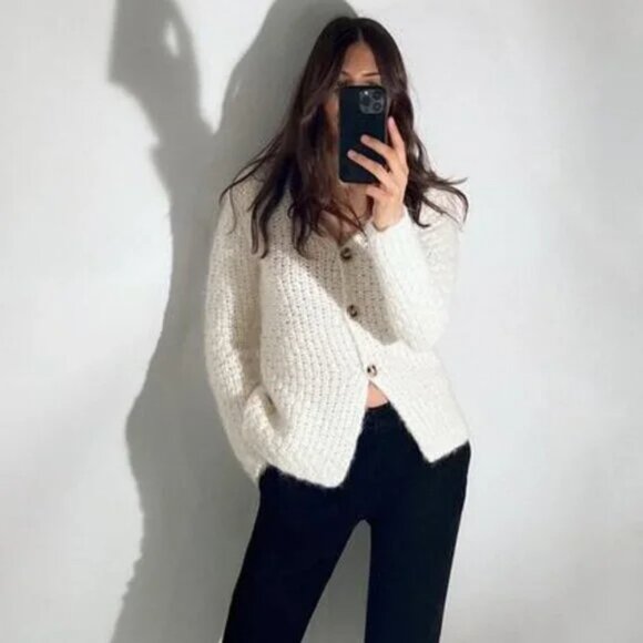 ZARA Structured Wool & Alpaca Blend Knit Cardigan SZ M Ecru NWT - Picture 2 of 9